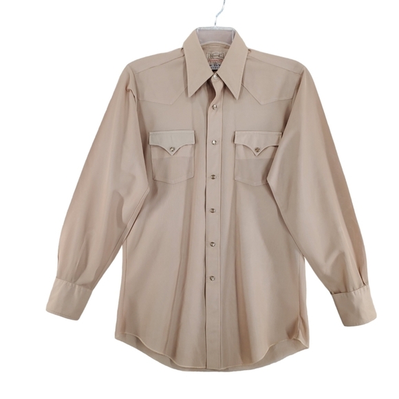 COPY Vtg H Bar C Shirt Men 15 1/2 Long Tail Slim Pearl Snap Tan Dacron Polyester - Picture 5 of 12